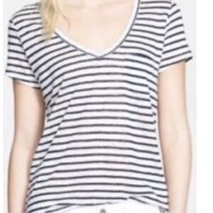 Paige Navy and White Striped V Neck 100% Linen Tee Size XS